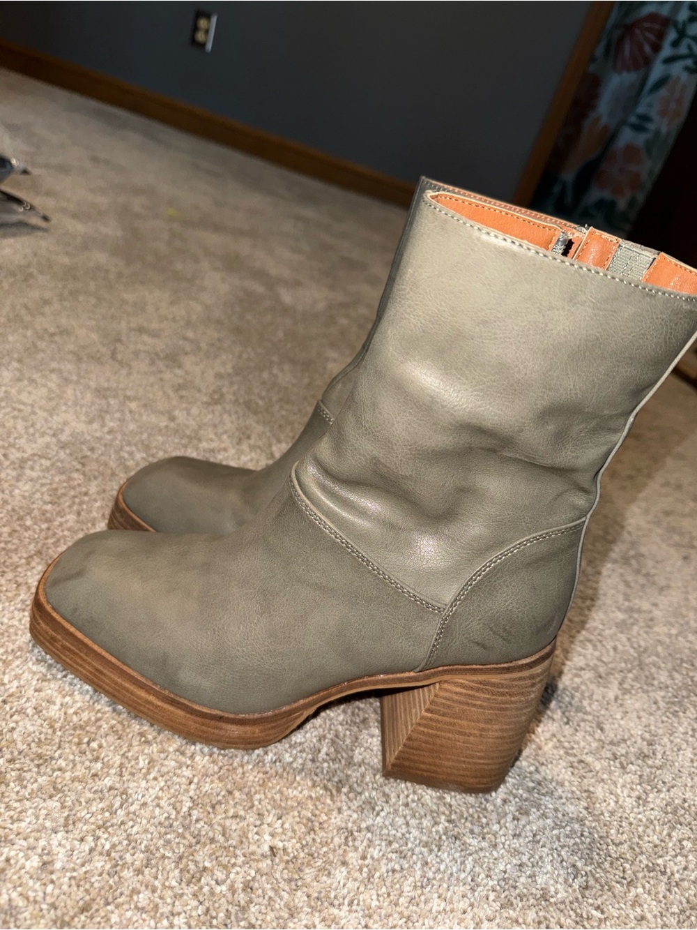 BEAST FASHION Olive Green Leather Mid-Calf Block Heel Booties